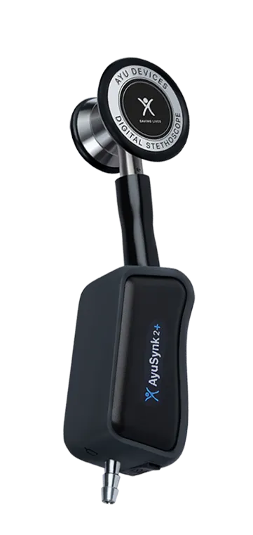 AyuSynk digital electronic stethoscope featuring digital display interface for visualizing patient diagnostics